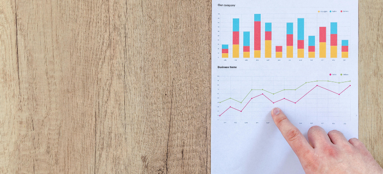 A hand pointing to a line graph on a piece of paper, with a bar chart above it.